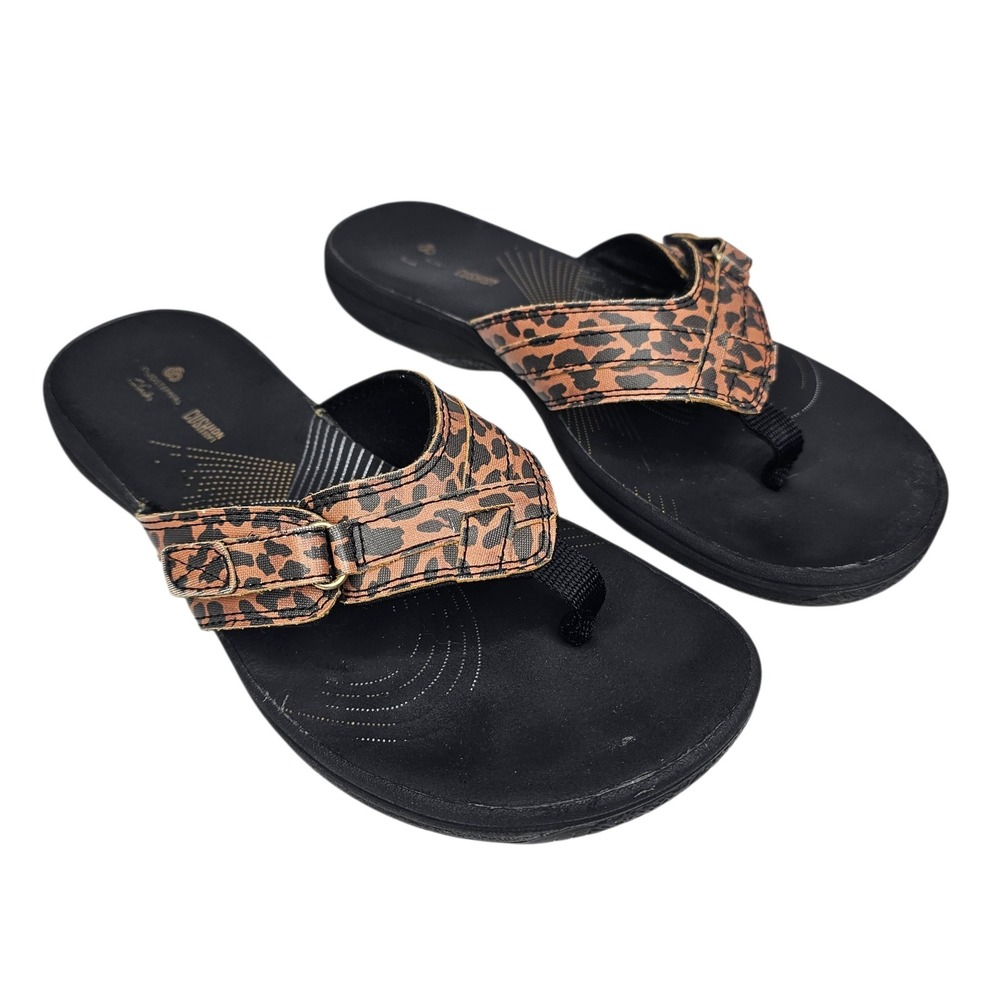 Clarks Cloudsteppers Women 8 Brown Leopard Print Thong Sandals Comfort Slide
